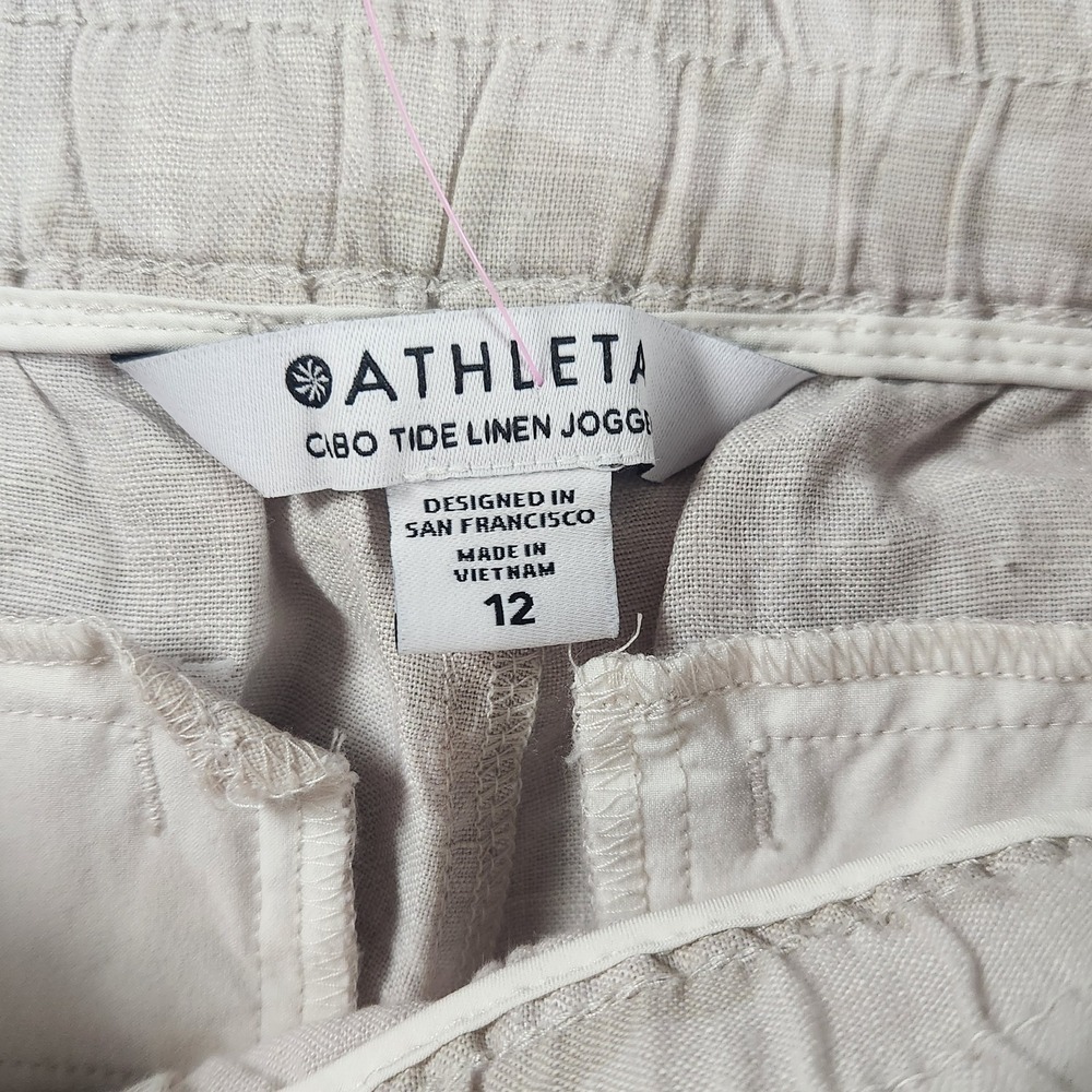 Athleta Cabo Tide Linen Jogger Pants Women 12 Beige Camo Drawstring Zip Pockets - Picture 6 of 8